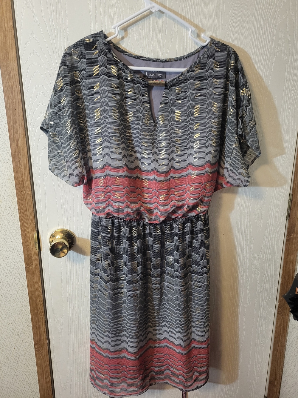 Luxology Gray and Coral Midi Dress with Metallic Accents